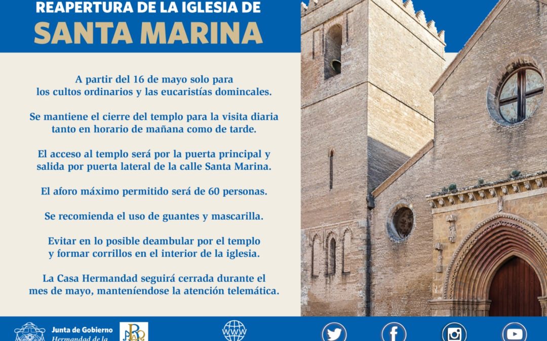 La iglesia de Santa Marina reabrirá al culto el 16 de mayo