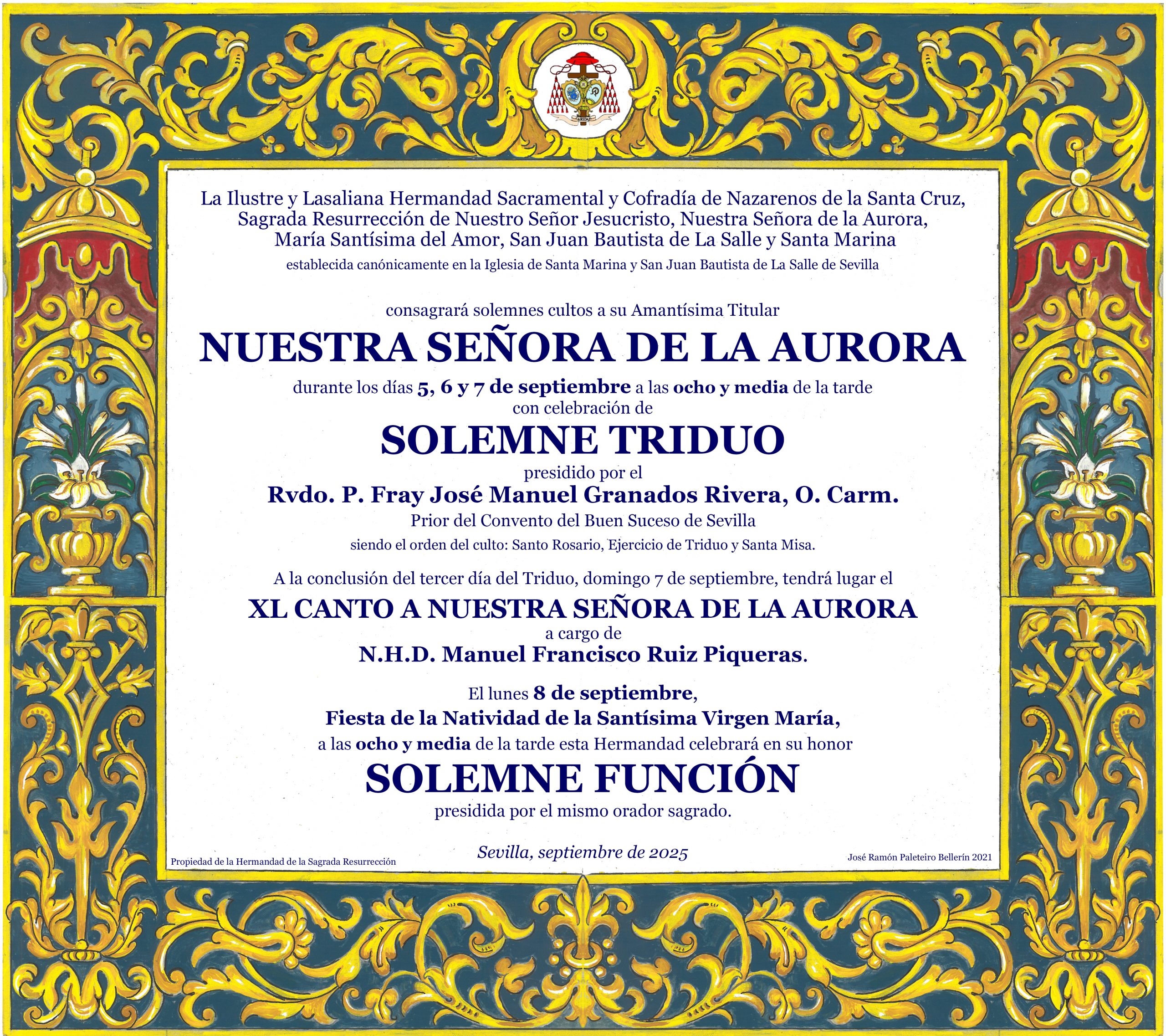 Reposición al culto de Nuestra Señora de la Aurora y celebración de cultos anuales